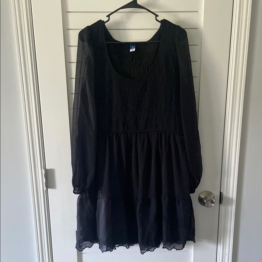 Old Navy Black Midi Dress Long Sleeve Eyelet Lightweight Size XL